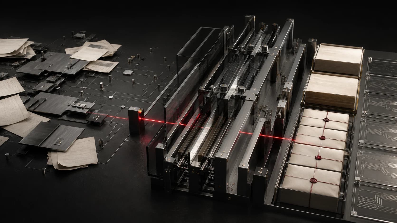 A precision machine transforming scattered policy and infrastructure records into organized audit evidence